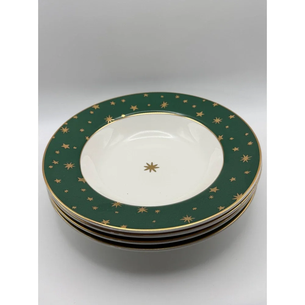 Vtg Sakura Galaxy Fine Porcelain Bowls Set of 4 Green 14k Gold‎ Stars Celestial